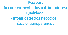 - Pessoas; - Reconhecimento dos colaboradores; - Qualidade; - Integridade dos negócios; - Ética e transparência.